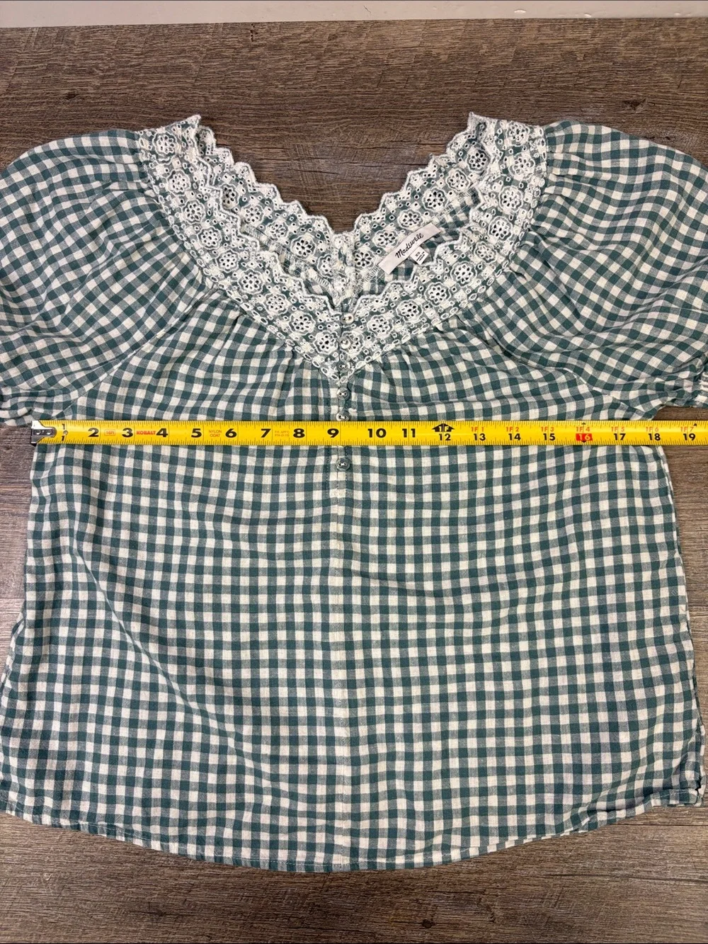 Madewell Green Gingham Linen Blend Eyelet Lace Trim Blouse Size XS